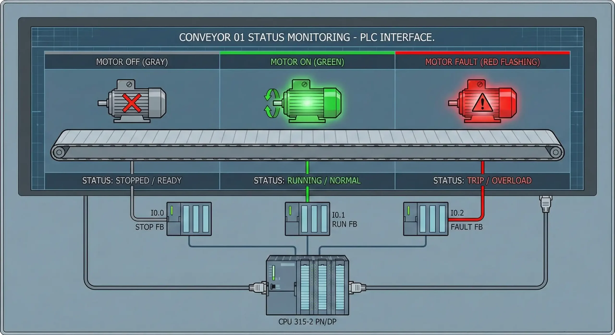 شماتیک گرافیکی طراحی HMI: وضعیتهای عملکردی نوار نقاله